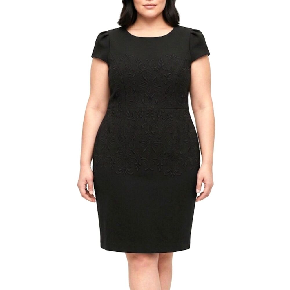 Betsey Johnson Black Matelassé Embossed Scroll Sheath Dress Cap Sleeve LBD XL